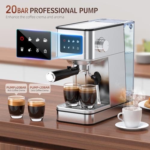 QJA Espresso Machine with Milk Frother, 20 Bar Compact Coffee Machine with Touch Screen & 57.5oz Removable Water Tank for Home, Stainless Steel Espresso Maker for Cappuccino, Latte, Silver 2