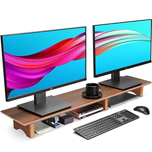 Aothia Solid Wood Dual Monitor Stand Riser for Desk, 43 Inch Black Walnut Computer Monitor Riser with Cork Legs, Extra Long Desktop Organizer Shelf for 2 Monitors, Laptop & Printer