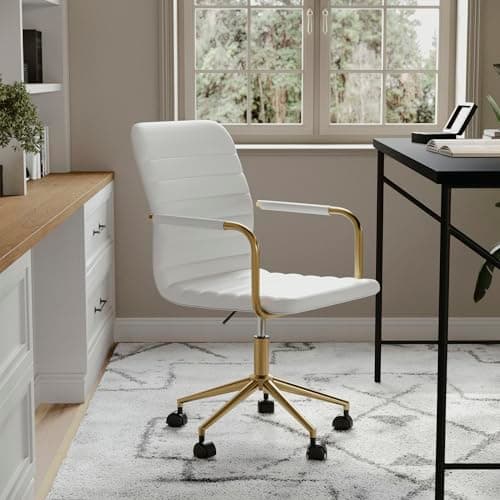 Martha Stewart Taytum Swivel Task Chair with Armrests for Home Office in White Faux Leather with Polished Brass Frame 6