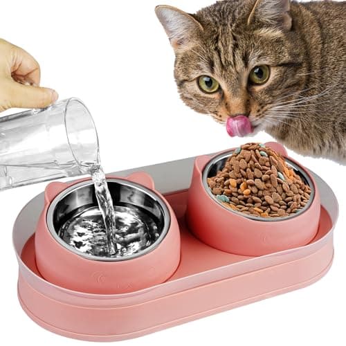 KEVIDEAWL Elevated Cat Food Bowls, Raised Cat Bowl with Stand Stainless Steel, Tilted Bowls Anti Vomiting, Double Cats Food and Water Bowl Set for Cats (Pink)