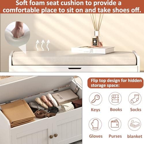 HOMEFORT 30" Shoe Bench with Lift Top Storage, Entryway Bench with Cushioned Seat, Wooden End of Bed Bench, Shoe Cabinet Bench with Hidden Storage Space, for Bedroom, Hallway,White 5