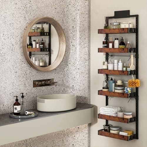 bukfen Over the Door Pantry Organizer, 6-Tier Adjustable Wooden Basket Kitchen Pantry Door Organization and Storage, Heavy-Duty Metal Hanging Kitchen Spice Rack,D6.3 x W17.71 x H50.60 inch,1 Pack 8