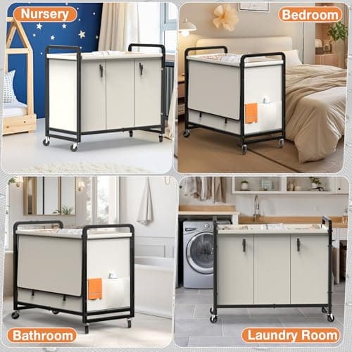 60 Gal (230L) Laundry Sorter 3 Section with Lid, Laundry Hamper Cart with Heavy Duty Rolling Lockable Wheels and Metal Handle,Laundry Basket Organizer with Removable Bag for Laundry Room - White 7