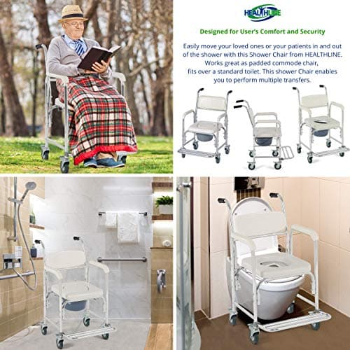 HEALTHLINE Shower Bedside Commode Chair Padded Seat With Wheels by Healthline, Medical Commode Toilet Rolling Shower Chair With Casters (4 Wheels Brakes), Commode Padded Backrest and Seat 7