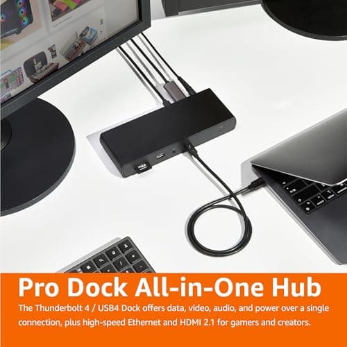 Amazon Basics Thunderbolt 4 Pro Docking Station, Dual 4K Monitor Support, 8K Display, 2xTBT4, 1xHDMI2.1, 3xUSB A 3.1, RJ45 Ethernet, Black, 7.86 x 2.95 x 1.23 inches 7