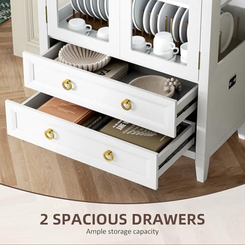 Vlsrka 71 Inch Arched Curio Cabinet, 4-Tier Display Cabinet and 2 Drawers, Tall Bookcase with 3 Color Lights, Display Case with Glass Doors, Kitchen Pantry, White 7