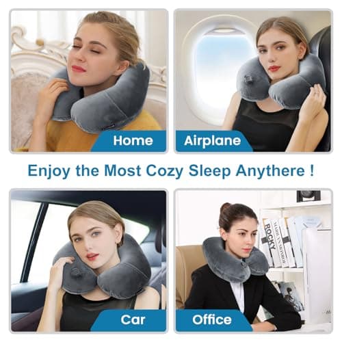 Keemall Inflatable Travel Neck Pillow, Super Soft Plane Neck Support Pillow for Travel Ariplane Sleep Support, Adjustable Neck Cushion Headrest Pillow, Folds Up Nicely, Black Grey 5