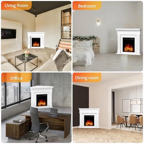 44" Corner Electric Fireplace with Mantel Package Freestanding Fireplace Heater Corner Firebox with Log & Remote Control,750-1500W,White 5
