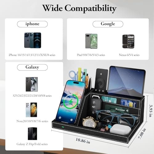 TopMade Wireless Charger Desk Nightstand Organizer, Leather Pen Holder Office Supplies Desk Accessories Fast Charging Station, Remote Control Holder, for iphone Charger Stand Gifts for Men (Black) 8