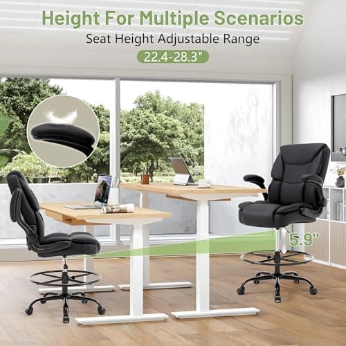 500LBS Drafting Chair, High Back Safer Standing Desk Chair, Executive Tall Office Chair with Flip-up Armrests, Upholstered PU Leather Task Chair, Ergonomic Seat with Adjustable Height&Foot Ring, Black 7