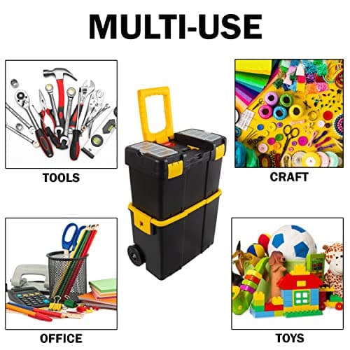 Portable Tool Box with Wheels - Stackable 2-in-1 Tool Chest with Fold-Down Comfort Handles, Tough Latches, and Removable Storage Trays by Stalwart 5