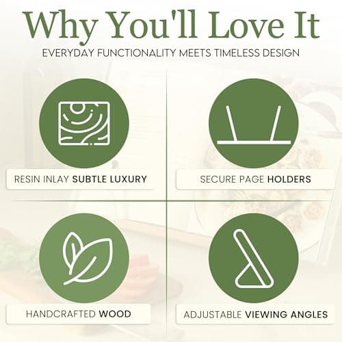 Cookbook Stand for Kitchen Counter – Adjustable Wood Book Holder with Resin Accent, Rustic Recipe Book Stand with Secure Page Grips, Compatible with Cookbooks & Tablets 5