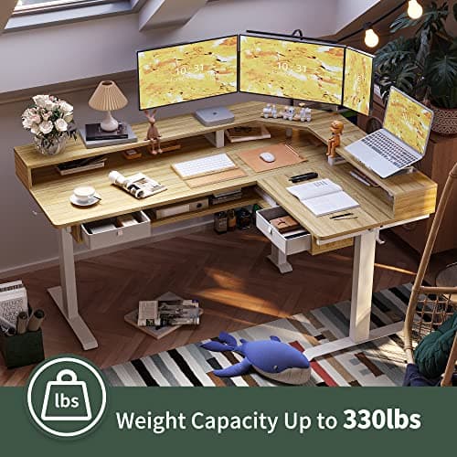FEZIBO L Shaped Standing Desk with LED Strip & 2 Drawers, Triple Motors Supports Over 300lbs, Upper and Lower Storage Shelves Available, Electric Height Adjustable, for Home Office, Natural 5