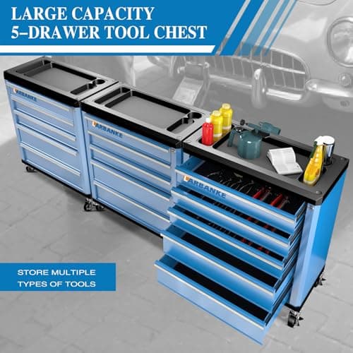 LARBANKE 5-Drawer Rolling Tool Chest with 360° Wheels and Lock&Keys,Tool Cabinet with Non-slip Pearl Cotton Mat and Multifunctional Countertop,Connecting Rods Can Be Connected with 7-Drawer Tool Chest 6