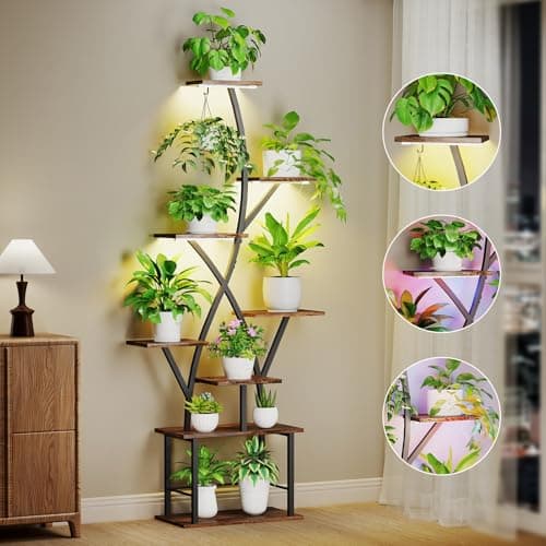 Quikraen Plant Stand Indoor with Grow Lights 64" Tall Plant Shelf Corner Lighted Plant Stands for Indoor Growing Multiple Metal 8 Tiered Large S-Shape Flower Plant Rack for Home Decor Patio Balcony