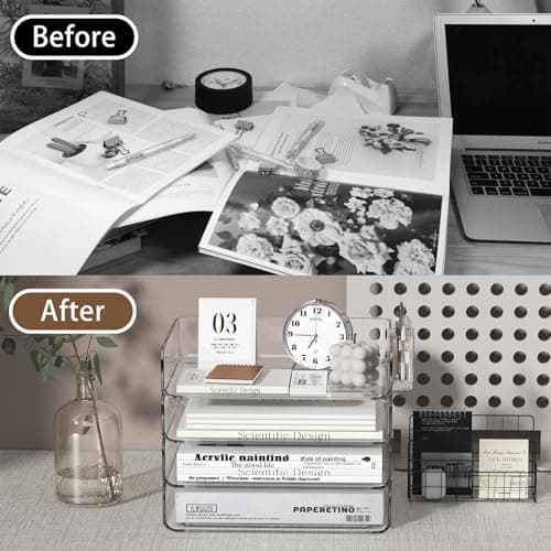 FANXIYQ 4-Tier Horizontal Acrylic Paper Tray Organizer with Pen Holder | Clear Stackable Desk Organizer for Documents, Letters, A4 Paper | Modern Office/Classroom/Home Organization 6