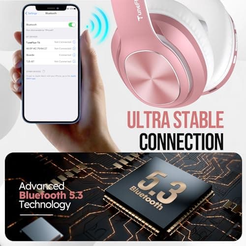 TuneFlux Wireless Bluetooth Headphones Over Ear, 80H Playtime, 3EQ Sound Modes, HiFi Stereo Headphones with Deep Bass, Foldable Bluetooth 5.3 Headsets for Smartphone/PC/Computer-Rose Gold 6