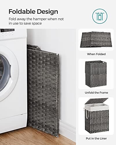 SONGMICS Laundry Hamper with Lid, 90L Clothes Hamper with 2 Removable Liner Bags, 6 Mesh Bags, Wicker Laundry Basket, Double Laundry Hamper for Bathroom, 13 x 18.1 x 23.6 Inches, Gray ULCB251G01V1 8