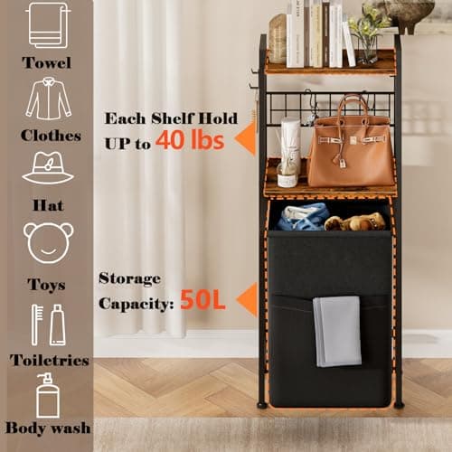 Furnulem Laundry Hamper, Vertical Laundry Basket with 2 Tiers Wooden Shelf and Hooks, Clothes Hamper with Pull-Out and Removable Bag for Bathroom, Bedroom, Dorm, 13.21 Gallons (50L) 7