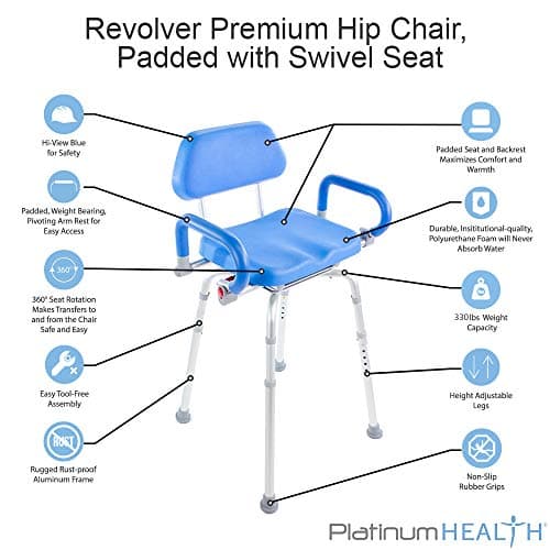 Platinum Health Hip Chair, Revolver(tm) Premium, Padded, Height Adjustable, SEAT-Angle Adjustable Hip Chair with Swivel Seat and Swing Away Arm Rests. Doctor and Rehab Specialist Recommended. 6