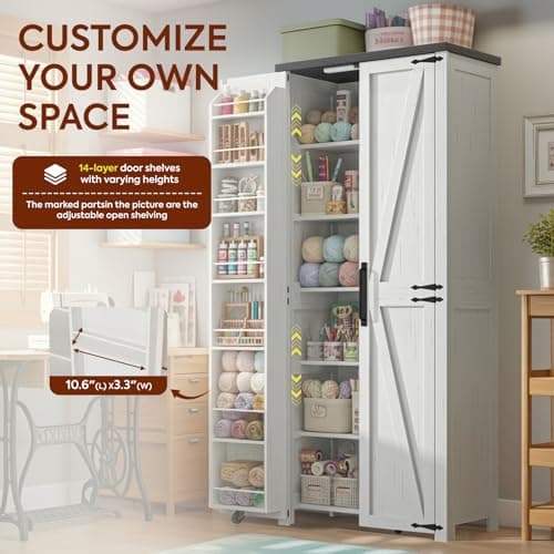 NEWOWNDS Craft Storage Cabinet with LED Lights​​ – 72" Adjustable Shelves Sewing Organizer, Multi-Purpose Sewing Cabinet for Craft Room/Home Office Storage 5