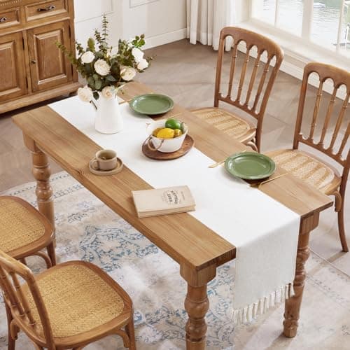 Aoztio Linen Style Rustic Table Runner, Farmhouse Cotton Linen Table Runner, Boho Table Runners 72 Inches Long with Hand Tassels for Home Tabletop Decor and Everyday Use - Off White, 72 Inch 6