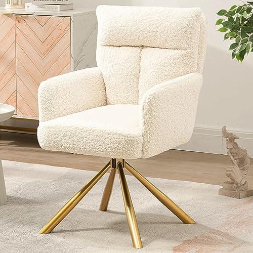 Ugijei Teddy Office Desk Chair No Wheels, Modern Vanity Chair with Gold Legs, Boucle Comfy Swivel Accent Chair, Wide Seat Computer Task Reading Armchair for Living Room Home Office (Beige)