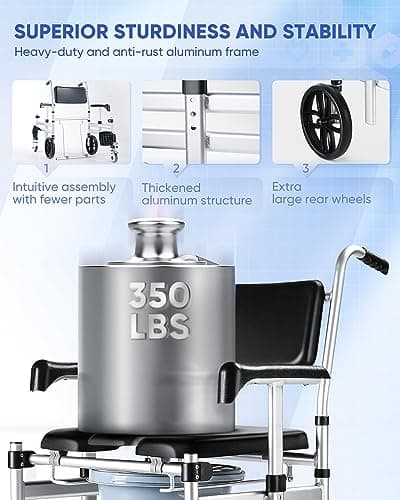 Shower Chair with Wheels, Hybodies Folding Shower Wheel, Transport Chair, Commode, Rolling Bath Chair for Handicap, Elderly & Injured, Waterproof & Soft, Front Locking Wheels, Safety Straps Included 5