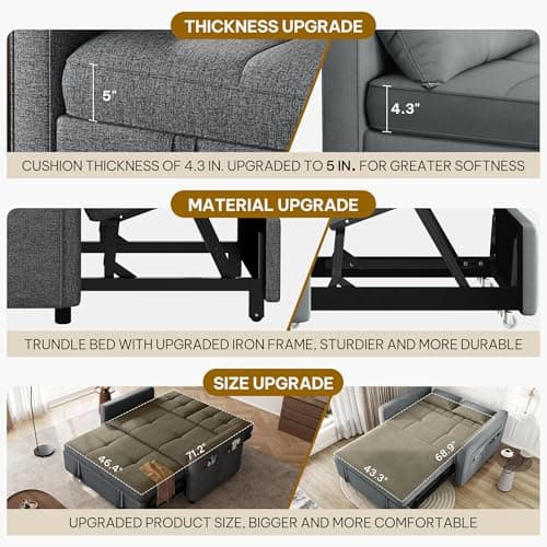 YITAHOME 55" Convertible Sofa Bed, 3-in-1 Sleeper Sofa with Iron Frame Pull-Out Bed, Linen Futon Couch with Reclining Backrest and Side Pocket, Modern Loveseat for Living Room Bedroom Apartment, Grey 7