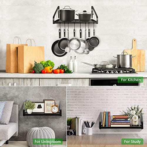 G-TING Hanging Pot Rack, Pot and Pan Organizer Wall Mounted Pots Holder Kitchen Storage Shelf with 8 Hooks, Ideal for Pans Set, Utensils, Cookware, Books, Household, Black, 2 DIY Methods 7