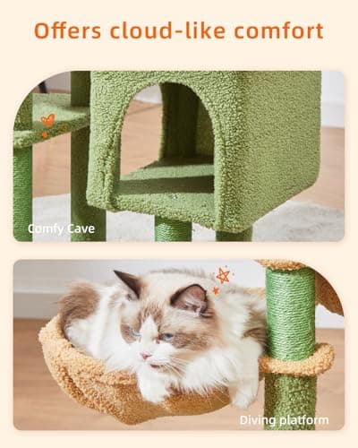 Taoqimiao Cat Tree, 39.4-Inch Cat Tower for Indoor Cats,Suitable for Kittens,Plush Cat Condo with 5 Scratching Posts, Plush Perch,2 Hammock,Pompoms, MS019T Cactus 6