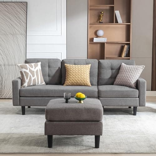 VECELO Convertible Sectional Sofa, Modern Linen Fabric L-Shaped Couch with Reversible Chaise for Living Room/Apartment/Office, Grey 6