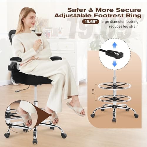 400LBS Drafting Chair, Tall Office Chair with Adjustable Lumbar Support&Footrest Ring, Comfy Extra Deep W-Shape Thicken Cushion, Breathable Mesh Standing High Desk Chair with Padded Flip-up Armrests 6
