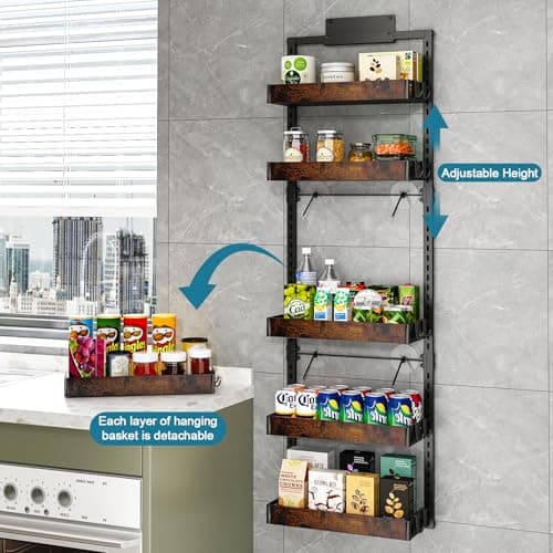 bukfen Over the Door Pantry Organizer, 6-Tier Adjustable Wooden Basket Kitchen Pantry Door Organization and Storage, Heavy-Duty Metal Hanging Kitchen Spice Rack,D6.3 x W17.71 x H50.60 inch,1 Pack 5