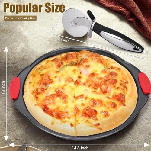 YIDAZLE Pizza Pan for Oven (2 PACK), Pizza Baking Trays with Pizza Cutter, Non-Stick Pizza Baking Pan with Perforated Holes and Silicone Handle, Oven & Dishwasher Safe Carbon Steel 6