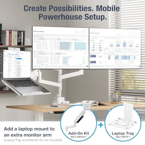 AVLT Dual 57 Inch Heavy Duty Stacking Monitor Arm Pole Top Mount With USB-C USB-A Ports-White, Height Adjustable, Easy Install Top C-Clamp/Grommet With Reinforcement Plates, VESA Compatible 200/100/75 9