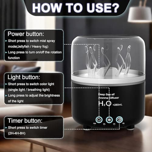 Morbou Essential Oil Diffuser with Jellyfish Spray & Sea Anemone Rotation, 280ml Ultrasonic Aromatherapy Machine,7-Color LED Night Light Quiet Mist for Bedroom, Remote Control (Black) 7