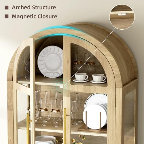 Vlsrka 71" Arched Curio Cabinet with Glass Doors, 4-Shelves Display Cabinet and 2 Drawers, Display Case with 3 Color Lights, Tall Bookcase, Kitchen Pantry, Wood Color 5