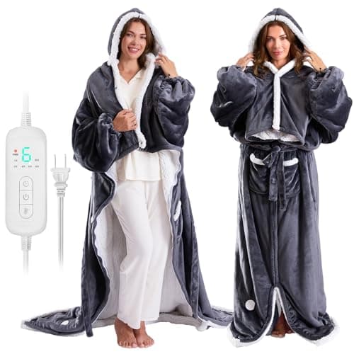 Wearable Heated Blanket with Zipper,Electric Snuggle Throw Blankets with Sleeves,Flannel & Sherpa Heating Blanket with Foot Pocket for Adults Seniors,8 Heating Levels & 1-10 Hour Timer, 60x70in