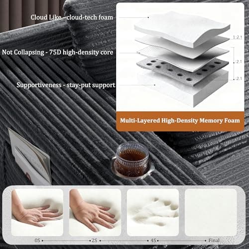 VYUXWO 108" Cloud Sectional Couch, Comfort U Shaped Boneless Couch for Living Room, Extra Deep Seats No Assembly, Minimalist Modular Sofa, Corduroy (Dark Grey, 2 Seater+Left Facing Chaise+Ottoman) 7