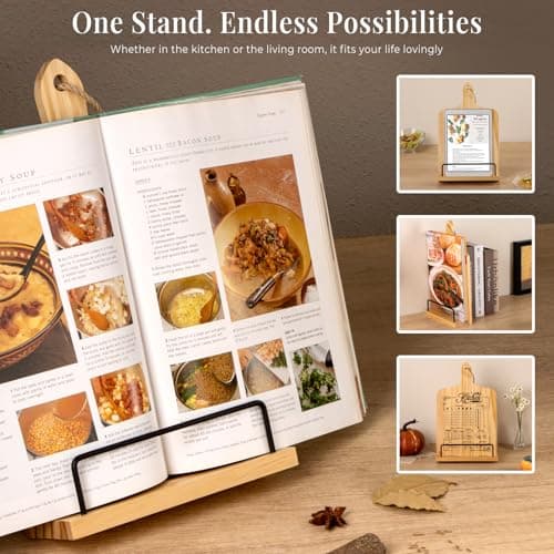 PUERSI Cook Book Stand for Kitchen Counter, Wooden Recipe Book Holder with Measurement Conversion Chart, Adjustable Cookbook Stand, Kitchen Gifts for Cooking Lovers 6