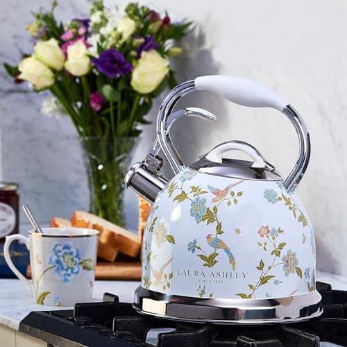 VQ Laura Ashley Elveden White 3L Stainless Steel Tea Kettle Stovetop Whistling Teapot for Induction, Gas Hob or others. Silicon Coated Cool Handle & Push Button Mechanism Vintage Stove Top Kettle 2