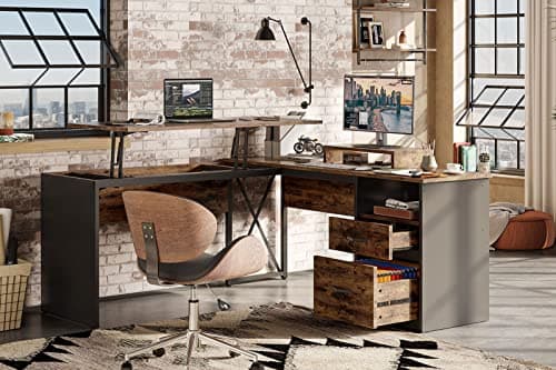 Bestier L Shaped Desk with Lift Top, 55"x55" Standing Corner Desk for Home Office, Computer Desk with Reversible File Drawer and Monitor Stand, Rustic Brown