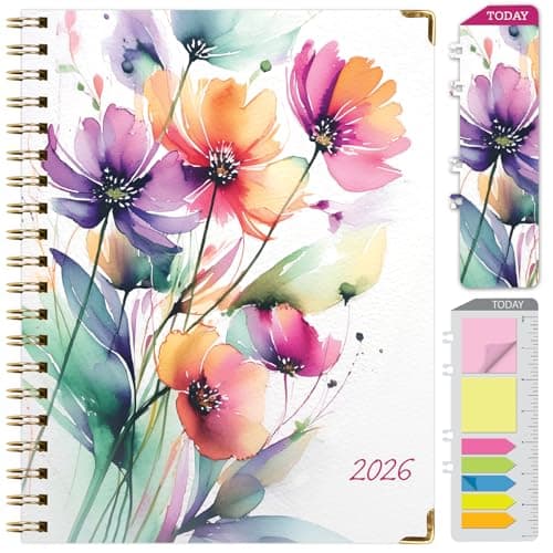 HARDCOVER 2026 Planner, 8.5"x11": 14 Months (November 2025 - December 2026), Daily Weekly Monthly Planner, Yearly Agenda, Bookmark, Pocket Folder and Sticky Note Set (Rainbow Floral)