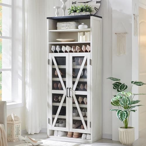 JXQTLINGMU Farmhouse Shoe Cabinet, 72" Tall with Mesh Doors and Adjustable Shelves, Rustic Wooden Shoe Organizer, Modern Large Shoe Storage for Entryway, Off White