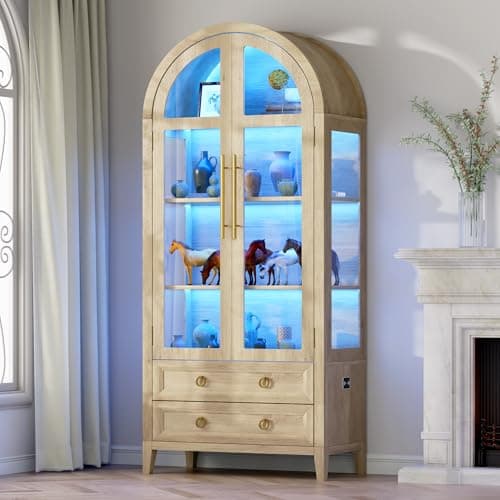 Vlsrka 71" Arched Curio Cabinet with Glass Doors, 4-Shelves Display Cabinet and 2 Drawers, Display Case with 3 Color Lights, Tall Bookcase, Kitchen Pantry, Wood Color 8