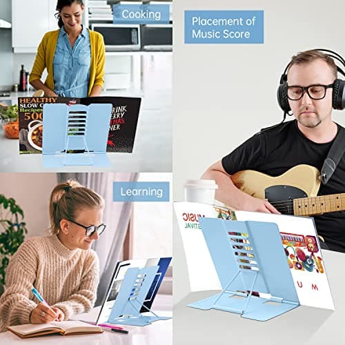 Honagu Metal Desk Book Holder, Hands Free Adjustable Cookbook & Document Holder, Portable Bookstand for Music Books, Textbooks, Recipes, Tablets & iPads (Light Blue) 9