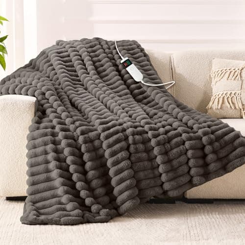 Qieryun Heated Blanket Electric Throw 50″x60 ″Inch - Thick Striped Flannel Electric Blanket,10 Heating Levels, 1-12 Hours Auto Off, Fast Heating Heating Blanket with Overheat Protection.