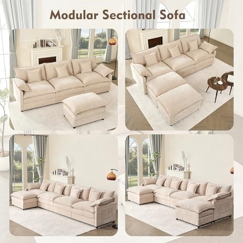GOSUHI 108" U Shaped Couch, Modular Sectional Sofa, 3-Seater Comfy Cloud Couch, Set of Modular Pieces with Movable Ottoman, Deep Seat Couches for Living Room, Chenille, Flat White 8