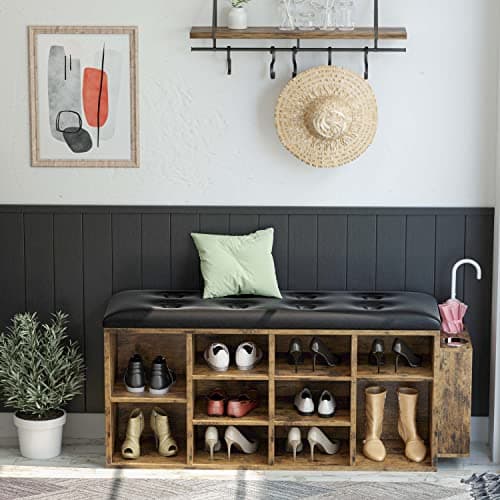 IRONCK Shoe Bench with 10 Cubbies, Storage Entryway Bench with PU Leather, Shoe Storage Rack Organizer with Adjustable Shelves, Vintage Brown 9